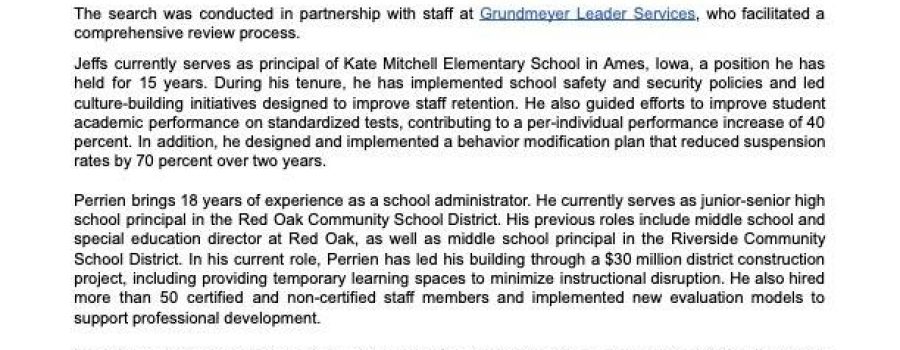 ROCSD Jr. / Sr. High School Principal, Nate Perrien named as a finalist for the East Union and Murray CSD shared superintendent position