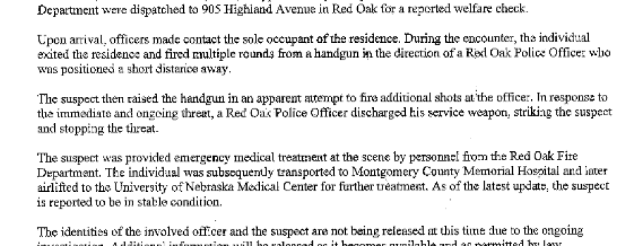 Officer Involved Shooting Under Investigation in Red Oak