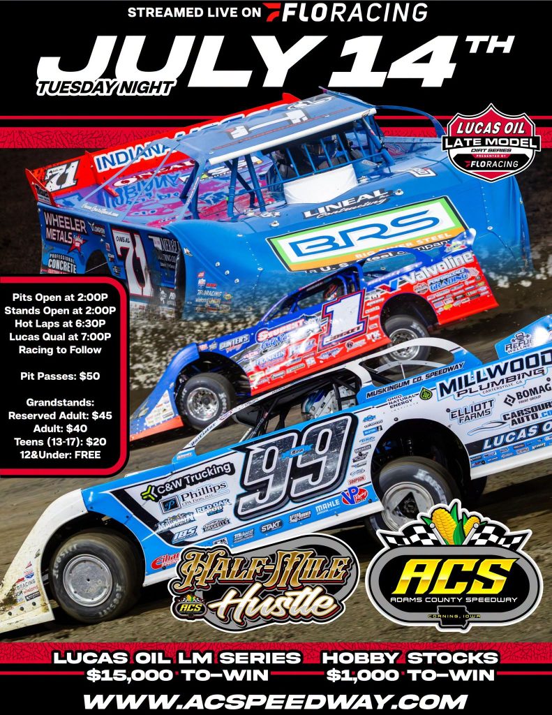 Adams County Speedway Race Recap, and preview for Tuesday July 14 Half Mile Hustle