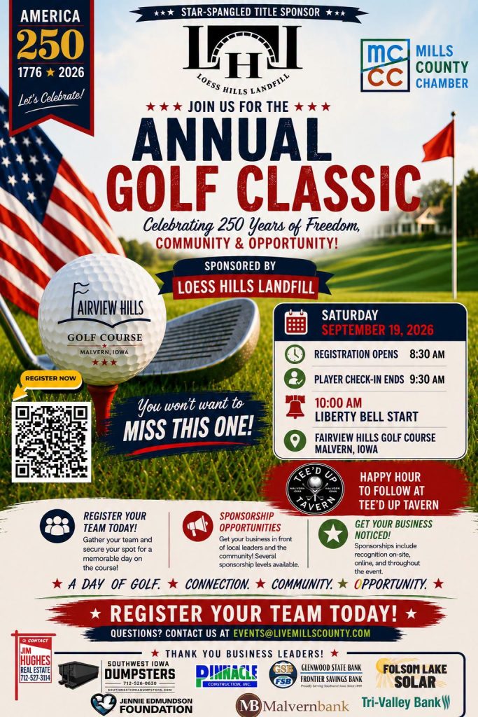 The Mills County Chamber of Commerce Annual Golf Classic will be held Saturday, September 19