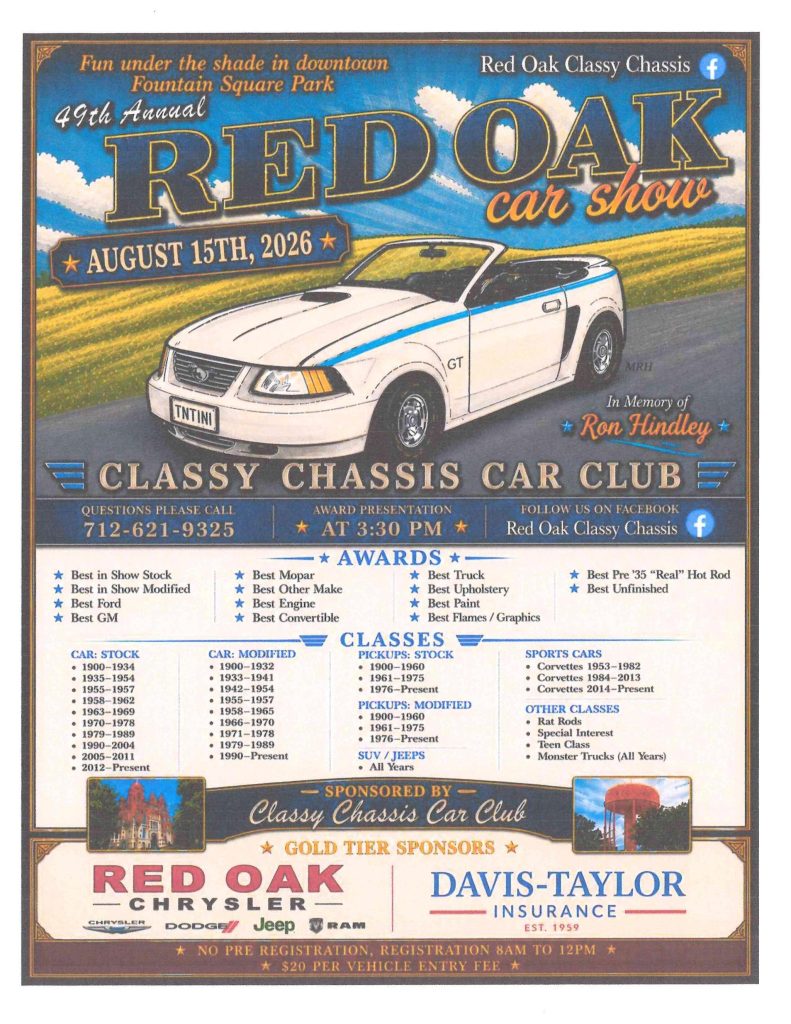 49th Annual Red Oak Car Show Saturday August 15