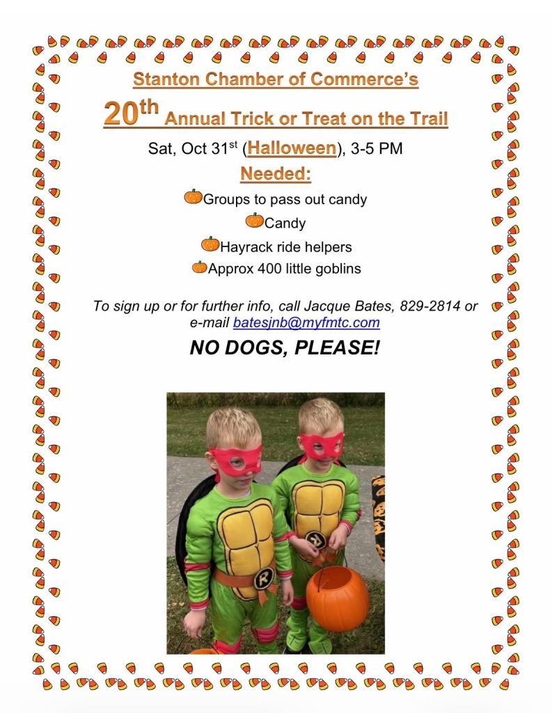 Stanton Halloween Events: Oct. 31, Trick or Treat on the Trail from 3–5 p.m. and Fall Fest downtown from 5–7 p.m.