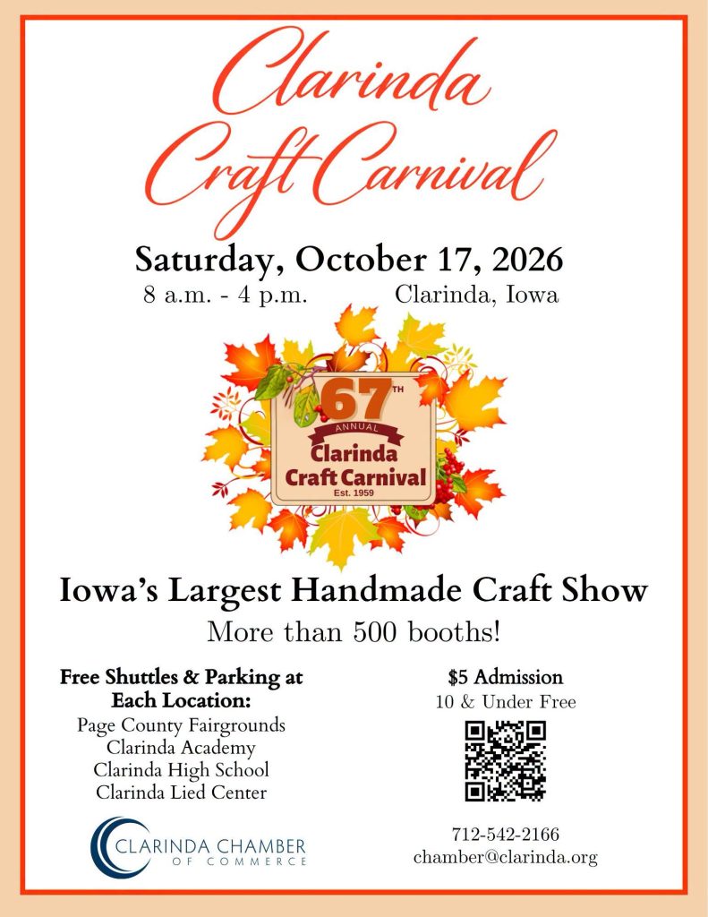 67th Annual Clarinda Craft Carnival October 17, 2026